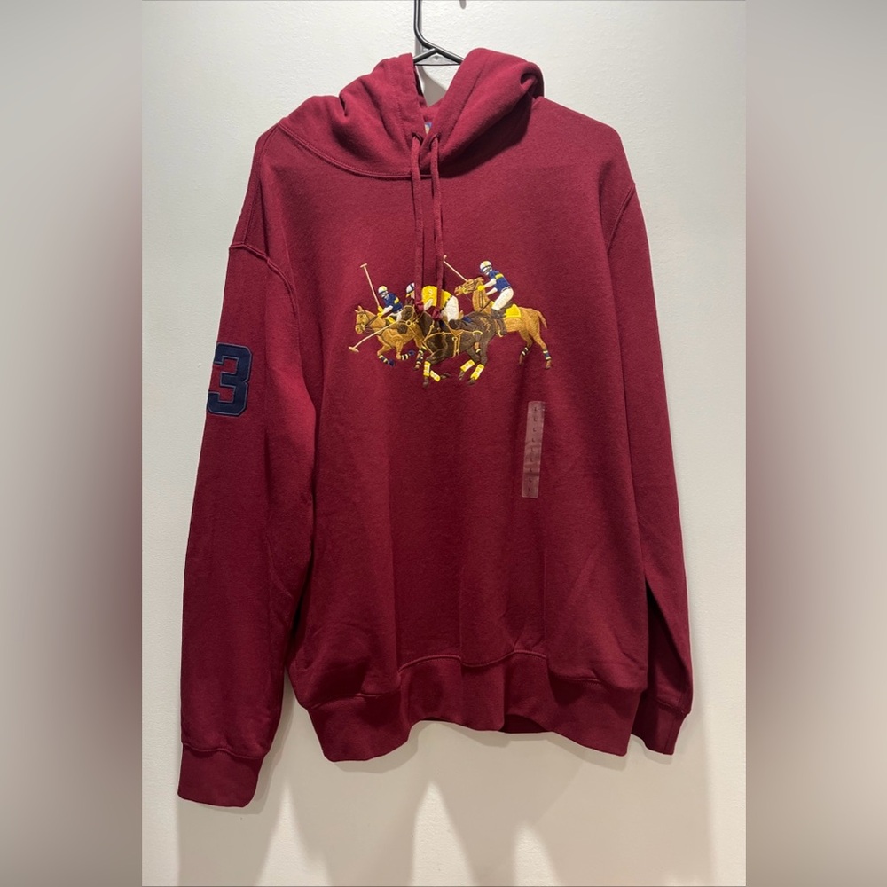 NWT Polo Ralph Lauren Men's Medium Triple -Pony Fleece Hoodie. Color Red. $188